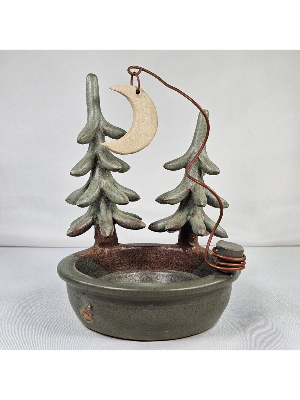 Studio Pottery Pine Tree Crescent Moon Candle Holder Incense Burner Woodland Art